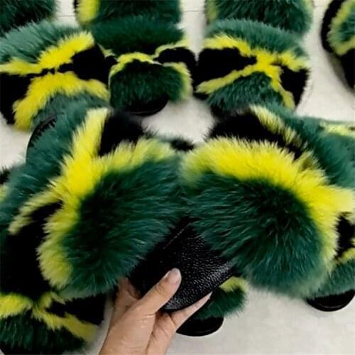Womens Summer Real Fox Fur Slippers Ladies Fashion Slides Furry Party Sandals Female Fluffy House Shoes Girls Cute Flip Flops