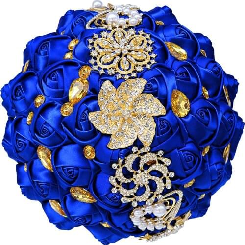 Bride Bridesmaid Golden Rhinestone Pearl Church Wedding Handmade Bouquet Holding Flower Multi-color W227