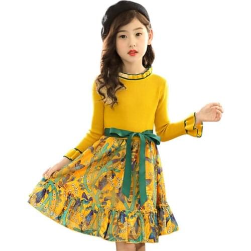 Girls Knitted Dress Autumn Winter Girls Dress Floral Pattern Girls Party Dress Kids Teenage Clothes For Girls 6 8 10 12 13 14