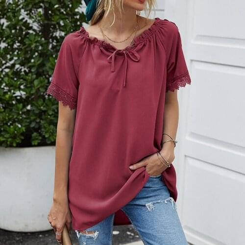 Solid Color Oversized Pullover Blouse Women Summer Short Sleeve Off Shoulder Chest Bow Tie Office Lady Streetwear Casual Blouses