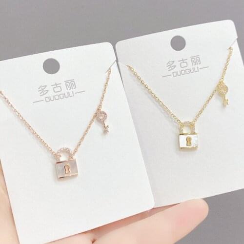 Korean Trendy Simple Sweet Lock Key Shell Pendant Necklace For Women Zircon Temperament Elegant Jewelry Gifts Clavicle Chain