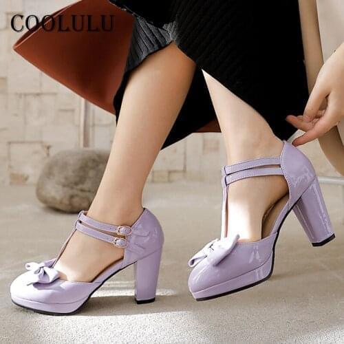 COOLULU 2021 Spring Super High Heels T-Tied Women Shoes Platform Block Heel Pumps Bow Buckle Female Dress Footwear White Size 48
