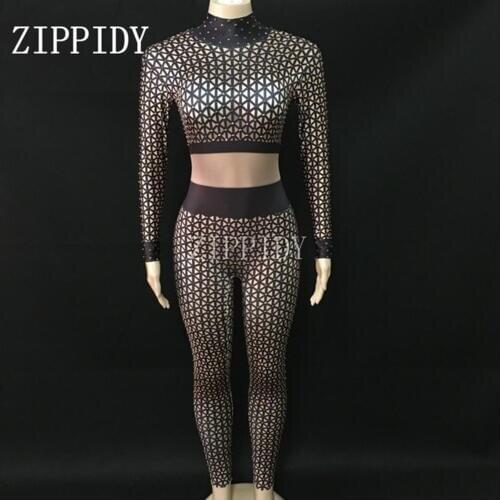 Fashion Grid Black White sexy Stretch Jumpsuit Women stage Dance Bodysuit Performance Leggings