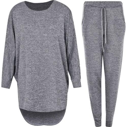 Women Tracksuit Casual Solid Long Sleeve Loose Solid Shirt Round Neck Blouse Pocket Pant Suit Female Sports 2 Piece Set #40