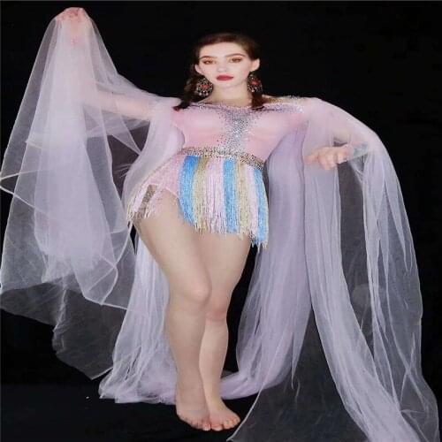 V10 Female pole dance dress pink rhinestones tassel bodysuit long sleeve mesh short jumpsuit party wear crystal siamese outfits