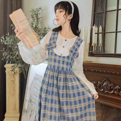 Sweet College Style Dress Women Spring 2021 Hot Sale Art Retro Plaid Dress Bow Cute Stitching Fake Two Elegant Dresses Vestidos
