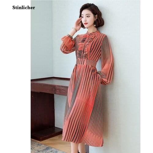 High quality dress women casual printed Ruffles lantern sleeve chiffon dress ladies elastic waist temperament office work dress