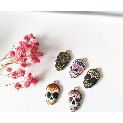 10pcs 12*22mm Printed Skull Charms Halloween Alloy Enamel Pendants Bracelets DIY Female Fashion Jewelry Earring Decoration FX143