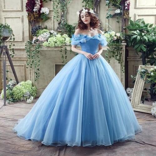 2018 In Stock ! Princess Colored Wedding Dresses with Butterfly Crystal Spring Ball Gown Off Shoulder Light Sky Blue Cinderella
