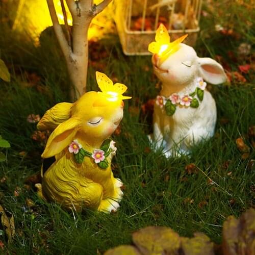 2021 Crafts Ornament Garden Lamp Bunny Butterfly Statue Figurine LED Solar Resin Animal Sculpture Home Decoration