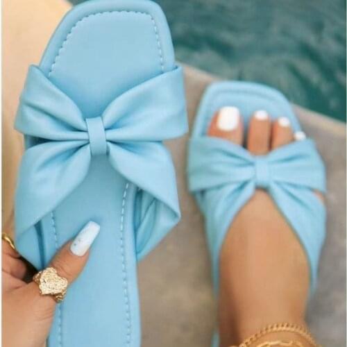 2021 Womens Slippers Summer New Fashion Simple Bow Flat Sandals Plus Size European And American Leisure Beach Slippers 36-43