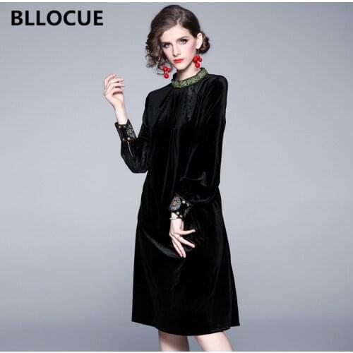 BLLOCUE 2019 Autumn Winter Elegant Black Velvet Embroidery Dress Womens Long Sleeve Vintage Party Dress Vestidos