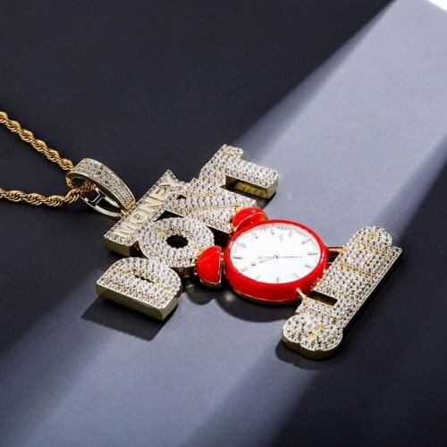Alarm Clock Pendant Iced Out Letters "MONEY DONT SLEEP'' Micro Pave Zircon Luxury Hip Hop Jewelry