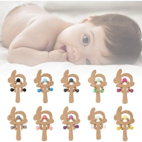 BPA Free Baby Beech Rabbit Rattle Hand Teething Wooden Ring Infants Nursing Teether Soother Montessori Educational Toy