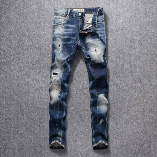 European Vintage Fashion Men Jeans Retro Blue Slim Fit Ripped Jeans Men Distressed Painted Designer Hip Hop Denim Punk Pants