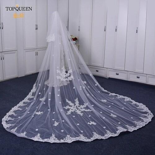 TOPQUEEN V77 Bridal Veils Cover Front and Back Bridal Veil 2 Layer Cathedral Drop Veil with Lace Trim & Blusher Wedding Veil