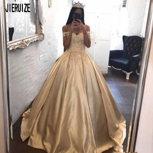 JIERUIZE Champagne Princess Wedding Dresses Off the Shoulder Sweetheart Appliques Lace Up Back Satin Bridal Gowns robe de mariee