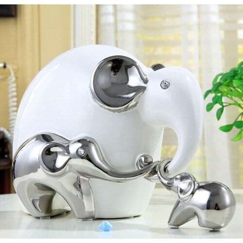 WHITE SILVER CERAMIC FAMILY ELEPHANT STATUE HOME DECOR CRAFTS ROOM DECORATION ELEPHANT LOVES ORNAMENT PORCELAIN ANIMAL FIGURINES