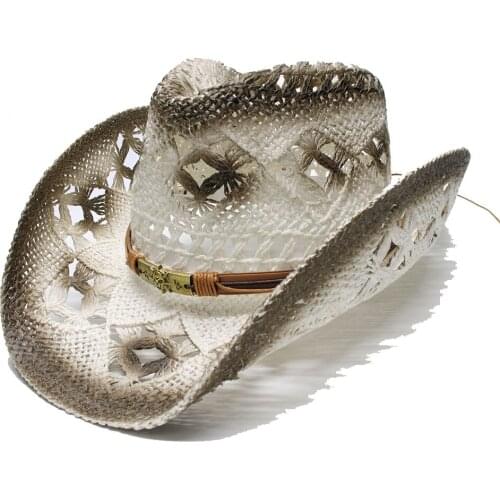 LUCKYLIANJI Womens Mens Unisexs Vintage Wide Brim Straw Sun Beach Cowboy Cowgirl Western Hat Skull Leather Band (58cm)