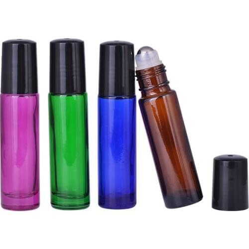 MUB - 10ml (400pcs/lot) Essential Oil Roller Bottles - Refillable Perfume Bottles with Stainless Steel Roll Ball Black Cover