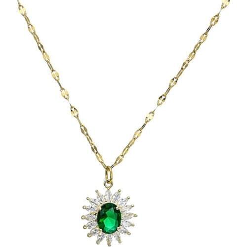Stainless Steel Green Stone Sunflower Pendant Necklace Women Minimalism Jewelry Gift For Him