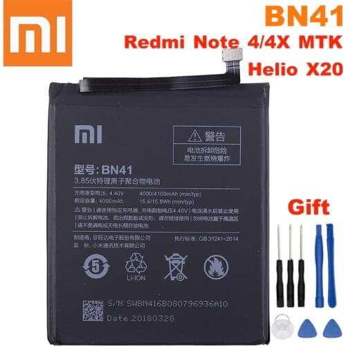 Xiao Mi Original Battery BN41 4100mAh for Xiaomi Redmi Note 4 Hongmi Note 4 / Note 4X MTK Helio X20 Phone Replacement Batteries