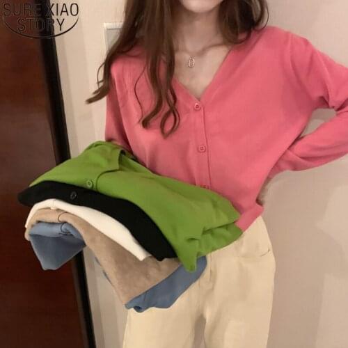 Casual V-neck Cardigan Women Sweater Knitted Tops Solid Fashion 5 Colors 2021 Autumn New Female Loose Sweet Short Sweaters 11753