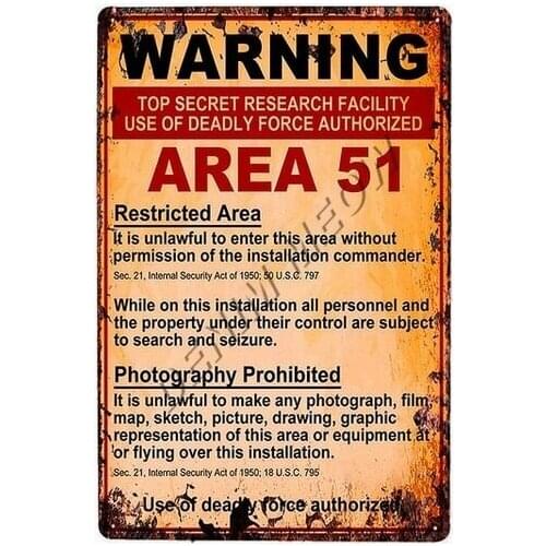 Warning Area 51 Vintage Metal Tin Sign UFO Activity Area Caution Danger Wall Plaque Retro Art Painting Stickers Home Decor WY80