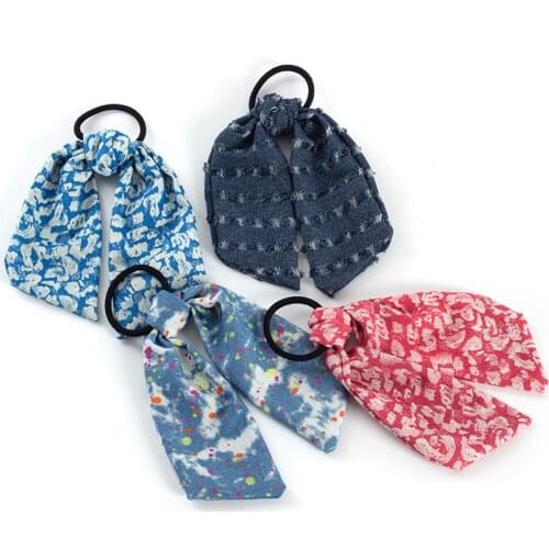Geebro New Denim Leopard Polka Dot Long Ribbon Ponytail Scarf Hair Tie Scrunchies Women Girls Elastic Hair Bands Stars Letter