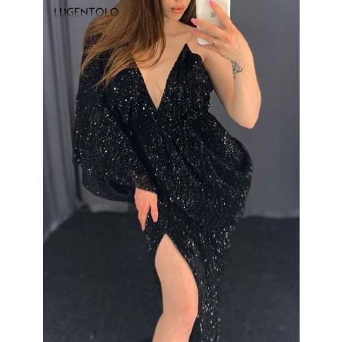 Sexy Dress Women Deep V-neck Black One-shoulder Party Slim Dresses Ladies Split Fork Spring Summer Long Dress Lugentolo