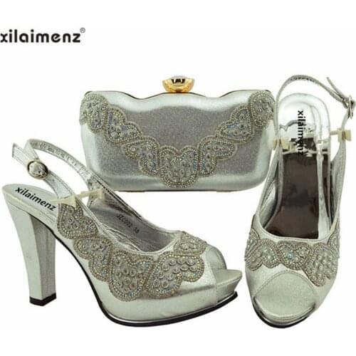 Sliver shining crystal African shoes with matching bag Women matching shoe and bag Sets Italy shoes and bag set for party
