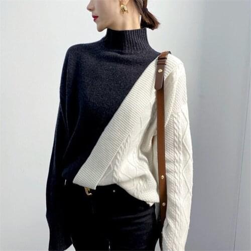 Contrasting color Stitching Turtleneck Sweater Women 2021 Autumn Winter New Warm Loose Knitting Pullover Sweaters Casual Female