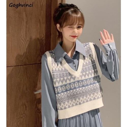 Sweater Vest Spring Knitted Trendy Crop Vintage Korean Style Street Harajuku All-match Geometric Pattern Casual Preppy Outerwear