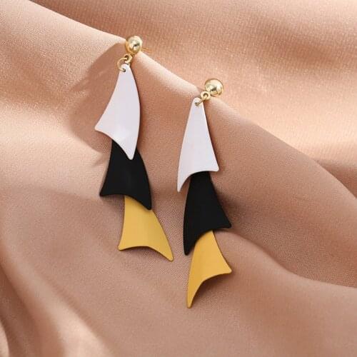 UJBOX Geometric Triangle Contrast Long Tassel Earrings Korean White Black Yellow Earrings Women Vacation Jewelry
