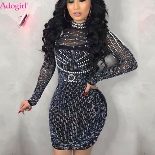 Adogirl Pearls Diamonds Sheer Mesh Mini Party Dress Women Sexy See Through Mock Neck Long Sleeve Bodycon Midnight Clubwear