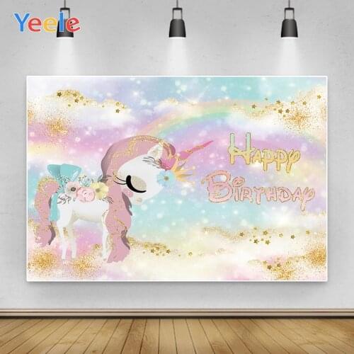 Yeele Happy Birthday Unicorn Backdrop Props Rainbow Spot Party Decor Customized Vinyl Background Photozone For Baby Photo Studio