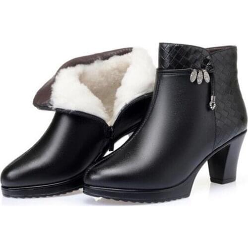 2020 New Autumn Top Full Cowhide Black Boots Womens Boots Thick with High Heel Boots Winter Shoes Plush / Wool Warm Snow Boots