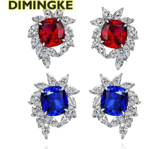 DIMINGKE 10*11MM Natural Ruby Sapphire Earrings 100% S925 Sterling Silver Womens High Jewelry Party Anniversary Gift