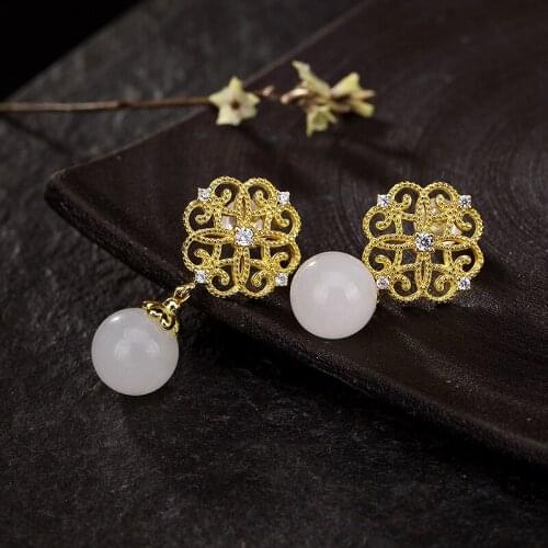 Hot Sale Elegant Real 925 Sterling Earrings Jewelry For Women Original Design Golden Color Flower Inlay Jade Earrings Fine Jewel