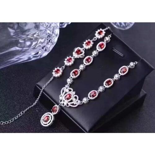 Fashion Natural red garnet Luxury crown necklace Bracelets Natural Gemstone Jewelry Set 925 Silver Women party wedding jewelry