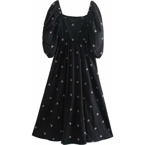 2021 New Women Embroidered Dress Female Short Sleeve Maxi Dresses Sexy Square Collar Puff Sleeve Blouses
