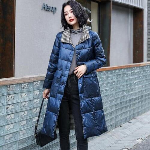 SEDUTMO Winter Plaid Duck Down Jacket Women Long Ultra Light Coat Double Sided Autumn Thin Puffer Jacket ED1338