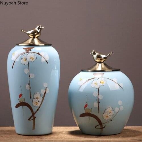 Golden Bird Classical Ceramic Storage Jar Decoration Creative Decoration Plum Blossom Bird Silver Plated Vase Home Furnishings