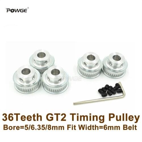 POWGE 5pcs 36 Teeth 2GT Timing Pulley Bore 5/6.35/8mm Fit Width 6mm 2GT Belt 36T 36Teeth GT2 Timing Belt Pulley For 3D Printer