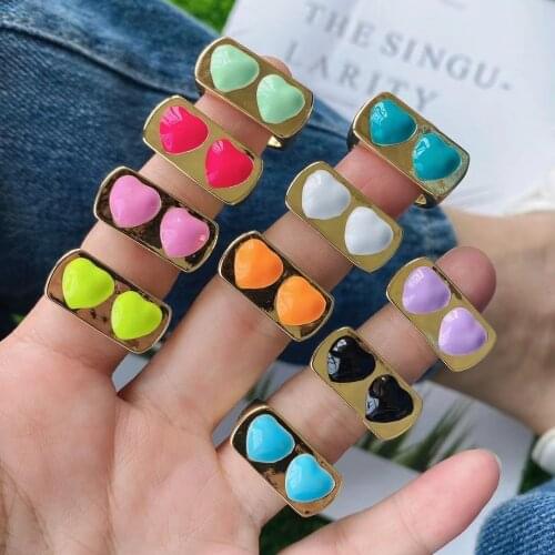 10PCS, White Pink Blue Green Enamel Lovely Turkish Heart Rings Wide Gold Color Enamel Love Heart Finger Rings For Women Girls