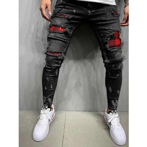 2021 Men Ripped Jeans Patchwork Skinny Pencil Pants Slim Hole Hip Hop Denim Male Patch Beggar Pants Street Biker Cowboy Bottoms