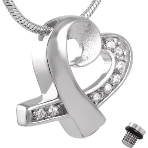 8387 Crystal Ribbon Heart Urn Pendant Memorial Necklace Stainless steel Cremation Ashes Keepsake Memory Locket Jewelry for Women