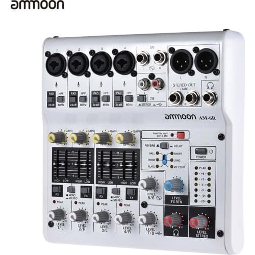 Ammoon AM-4R Mixer Console 6-Channel Audio Mixing Console Sound Card Digital Mixing Console Built-in 48V Phantom Power
