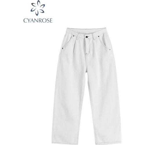 Stitched White Wide Leg Denim Womens Pants Fashion Streetwear Harajuku Loose Straight Jeans High Waist 2021 Retro Ins Trousers