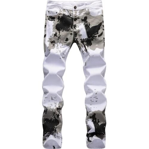 New Spring summer casual white printed pants stretch mens jeans straight slim fit European and American fashion trend trousers
